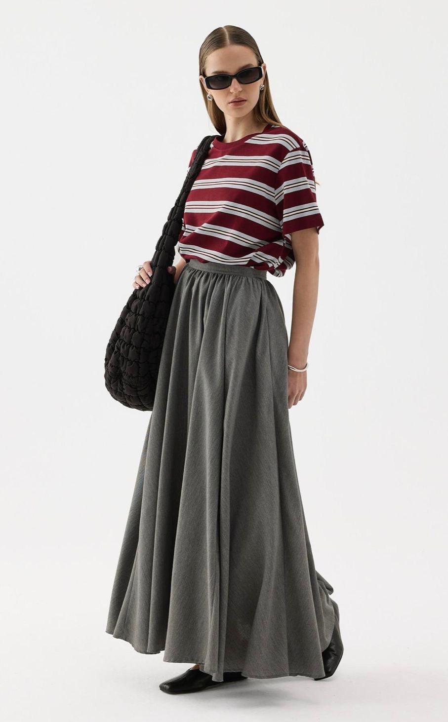 Aqsa Maxi-Rok grijs, vooraanzicht, elegante lange rok bescheiden modest fashion