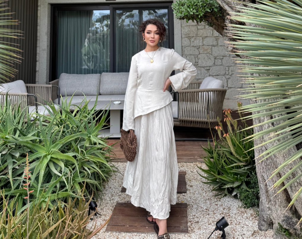 YASMIN 2-delige set in linnen beige met top en rok – stijlvolle modest set