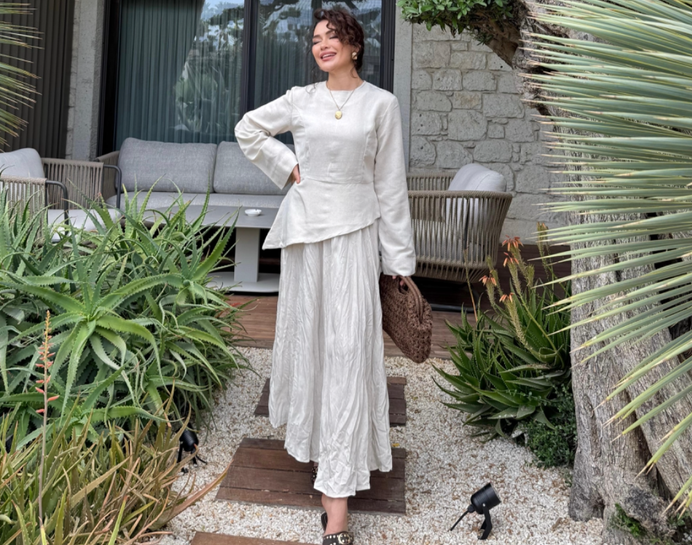 YASMIN 2-delige set in linnen beige met top en rok – stijlvolle modest set