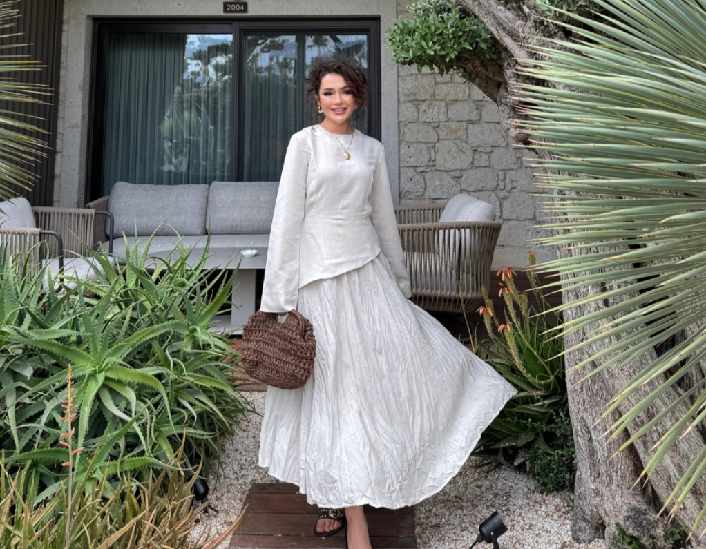 YASMIN 2-delige set in linnen beige met top en rok – stijlvolle modest set