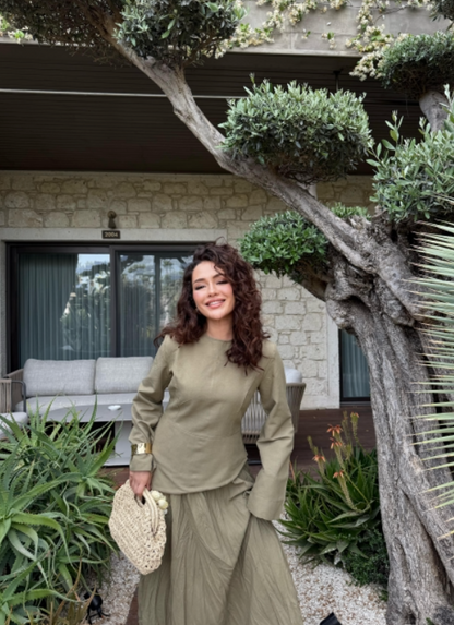 YASMIN 2-delige set in linnen  kaki met top en rok – stijlvolle modest set