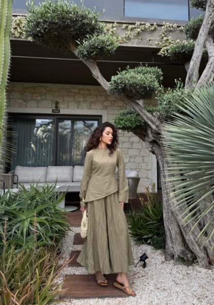 YASMIN 2-delige set in linnen  kaki met top en rok – stijlvolle modest set