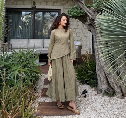 YASMIN 2-delige set in linnen  kaki met top en rok – stijlvolle modest set